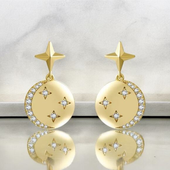 None Jewelry - NEW 18K yellow gold plated zircon star & moon round drop earrings jewelry B19A